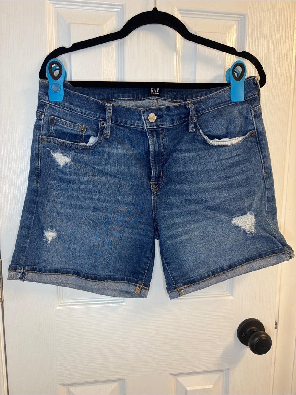 GAP Distressed Mid-Blue Rolled Hem Denim Shorts